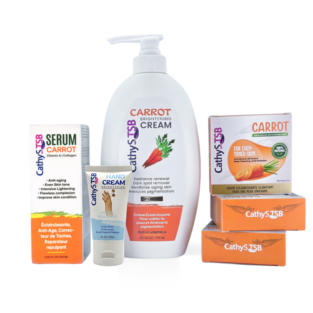 Carrot Brightening Set ( 1 Cream 770ML, 1 Rebel 30ML, 3 Soaps, 1 Serum 100ML)